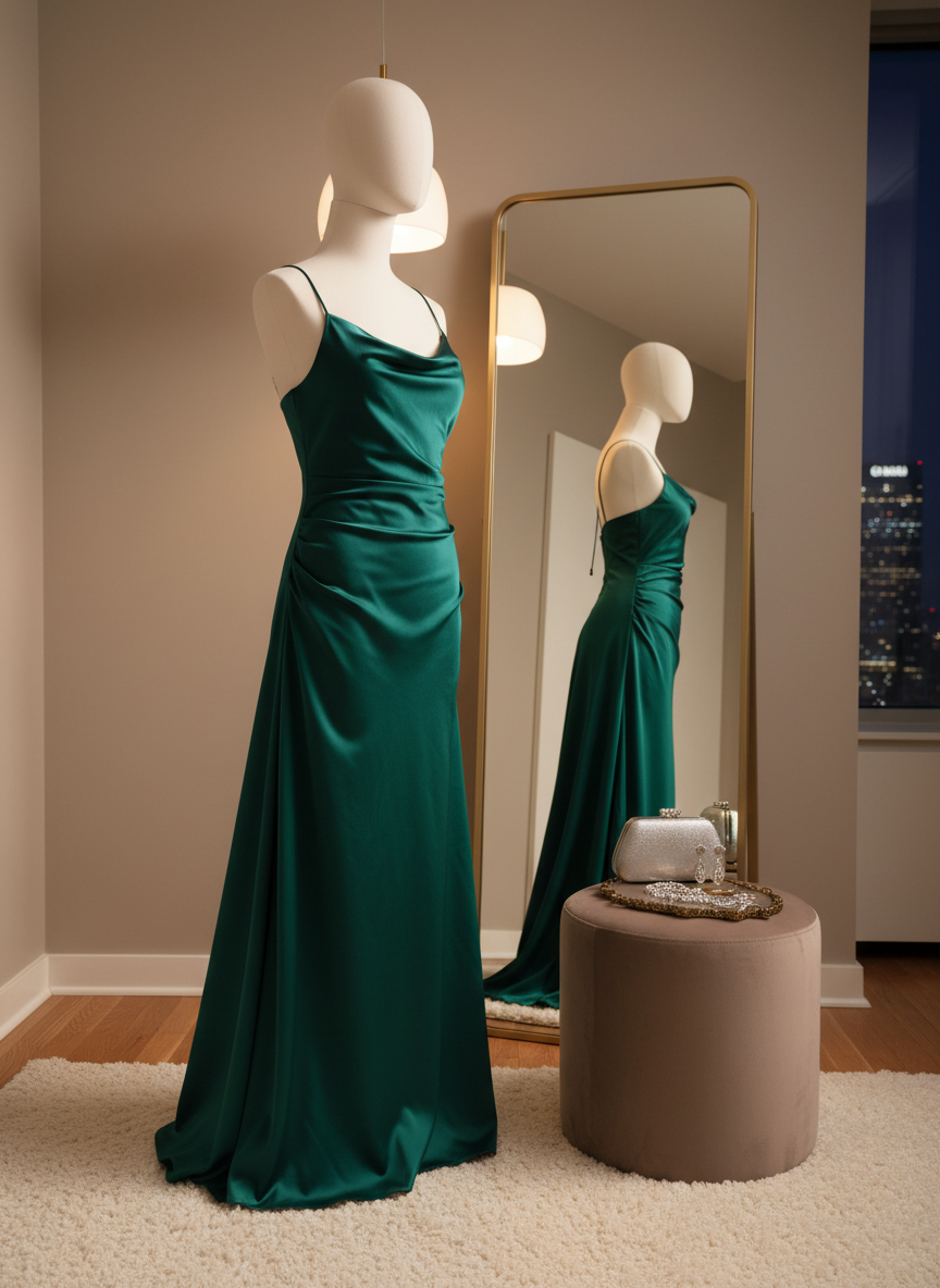 A graceful evening look composed of a flowing satin slip dress in deep emerald green on a minimalist mannequin, the fabric catching light in soft ripples. The mannequin stands beside a sleek, full-length mirror in a tastefully decorated dressing room with muted beige walls, a plush cream rug, and a low velvet ottoman topped with a neatly placed clutch and fine jewelry tray. Diffused warm pendant lighting creates gentle reflections on the satin and mirror, with subtle bokeh from a distant city skyline seen through the window. Photographic, clean, and modern composition with a three-quarter angle, evoking an intimate, luxurious mood perfect for special-occasion women’s wear.