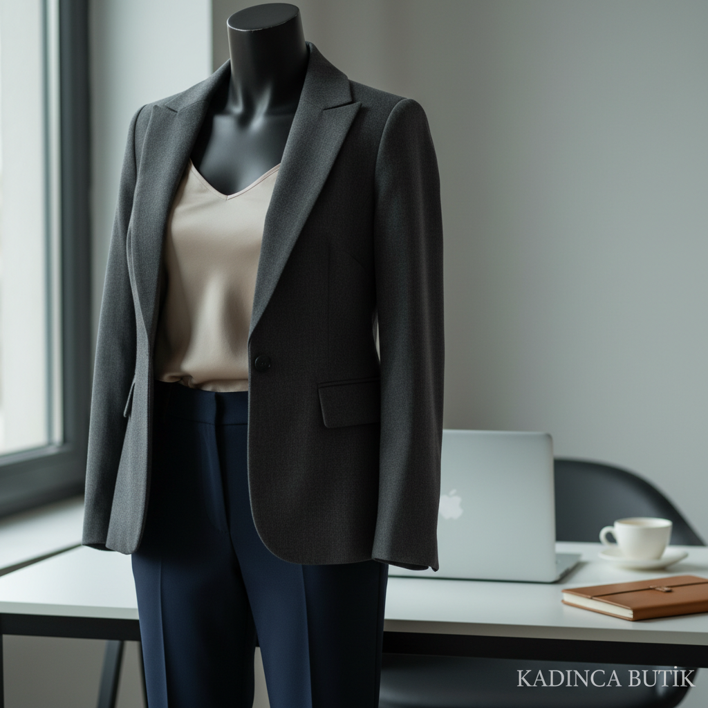 A polished office-ready look arranged on a sleek, matte-black mannequin torso: a tailored charcoal blazer with sharp lapels over a silk champagne camisole, paired with slim-fit, ankle-length trousers in a rich navy. The display stands near a minimalist desk setup with a closed laptop, a ceramic coffee cup, and a slim leather notebook, all intentionally out of focus. Cool, diffused daylight from a large window creates even lighting with soft shadows under the blazer’s edges, emphasizing structure and fit. Captured in realistic photographic style at three-quarter angle, the composition feels modern, ambitious, and empowered, reflecting the sophisticated professional wardrobe of Kadınca Butik’s clientele.