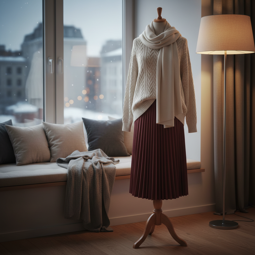 A cozy yet elegant winter outfit styled on a wooden-based dress form: an oversized cream cable-knit sweater half-tucked into a pleated midi skirt in rich Burgundy, with a thick, soft scarf casually looped around the neckline. The form is set beside a large window seat layered with neutral-toned cushions and a folded wool blanket, while outside, faint hints of a wintry cityscape appear softly blurred. Cool natural daylight mixes with the warm glow of a nearby floor lamp, creating a balanced, comforting light. Photographic, shot at eye level with a gentle vignette, the atmosphere feels warm, intimate, and sophisticated, perfect for showcasing elevated casual women’s winterwear.