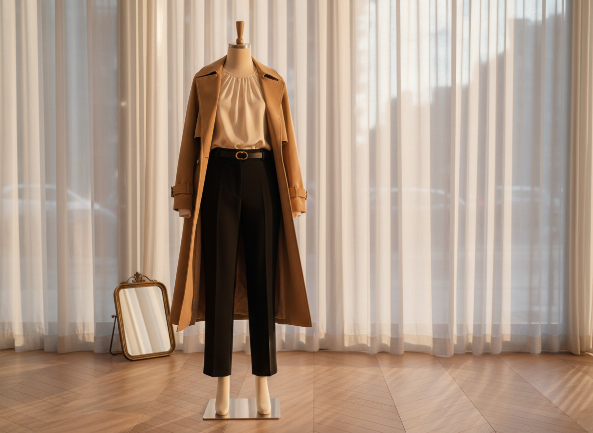 A meticulously arranged outfit featuring an elegant, tailored camel trench coat draped over a sculptural dress form, paired with a silky ivory blouse and high-waisted black cigarette pants. The ensemble stands in a refined boutique interior with light oak herringbone floors and floor-to-ceiling sheer curtains revealing a softly blurred city street outside. Golden hour sunlight filters in, casting warm, elongated shadows and subtle highlights on the coat’s smooth fabric and belt buckle. Photographic realism at eye level with a gentle shallow depth of field, emphasizing sophisticated details like delicate stitching and polished buttons. The mood is chic and aspirational, evoking timeless urban style for modern women’s fashion.