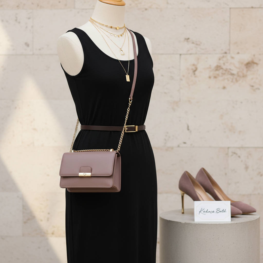 A refined accessories-focused fashion vignette featuring a torso mannequin dressed in a simple fitted black dress, used as a canvas for layered gold necklaces, a structured crossbody bag in muted mauve, and a slim leather belt with a minimalist buckle. The mannequin stands near a pale stone wall with subtle texture, next to a small pedestal displaying color-coordinated heels, softly out of focus. Soft studio-style lighting from one side creates delicate shadows and lustrous highlights on the metals and smooth leather surfaces. Photographic realism with a close, slightly off-center composition, the mood is polished and curated, underscoring how accessories elevate Kadınca Butik’s sophisticated womenswear.