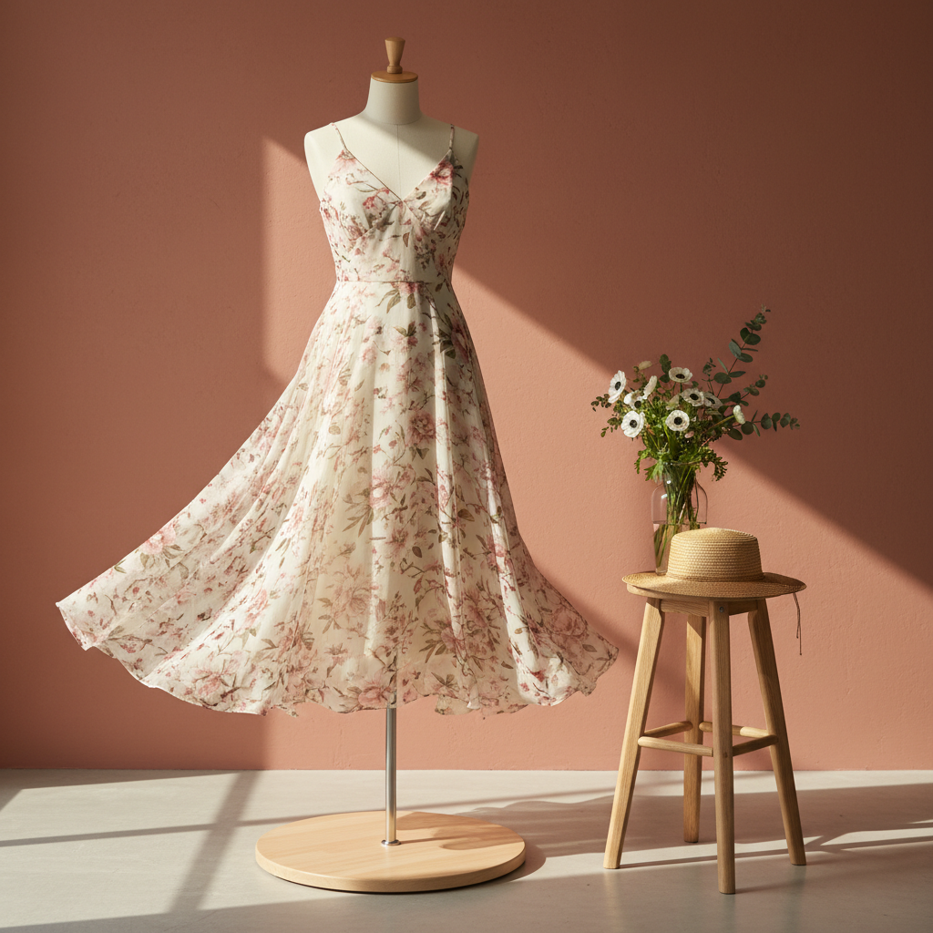 A romantic spring outfit composed on a minimalist dress form: a floral chiffon midi dress in soft blush and dusty rose tones, its lightweight fabric subtly flaring as if caught by a breeze. The form is positioned on a light wooden platform in front of a muted terracotta wall, accompanied by a nearby stool topped with a straw hat and a small vase of fresh white flowers. Late afternoon natural light falls diagonally, creating soft shadows and highlighting the delicate semi-sheer texture of the dress. Photographic, with a slightly low angle and shallow depth of field, the mood is feminine, poetic, and refined, capturing the boutique’s sophisticated yet dreamy style.