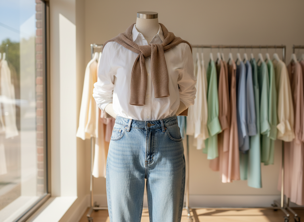 A chic everyday ensemble styled on a headless, modern display figure: a crisp white cotton shirt half-tucked into high-waisted, light-wash mom jeans, complemented by a soft taupe cardigan draped over the shoulders. The figure stands in a sunlit boutique corner, surrounded by curated racks of pastel-toned blouses and structured blazers, all slightly out of focus. Morning natural light streams through a nearby window, creating gentle highlights on denim texture and subtle shadows on the floor. Captured at eye level with a balanced rule-of-thirds composition and realistic photographic detail, the mood is calm, approachable, and effortlessly stylish, showcasing wearable women’s fashion for everyday confidence.