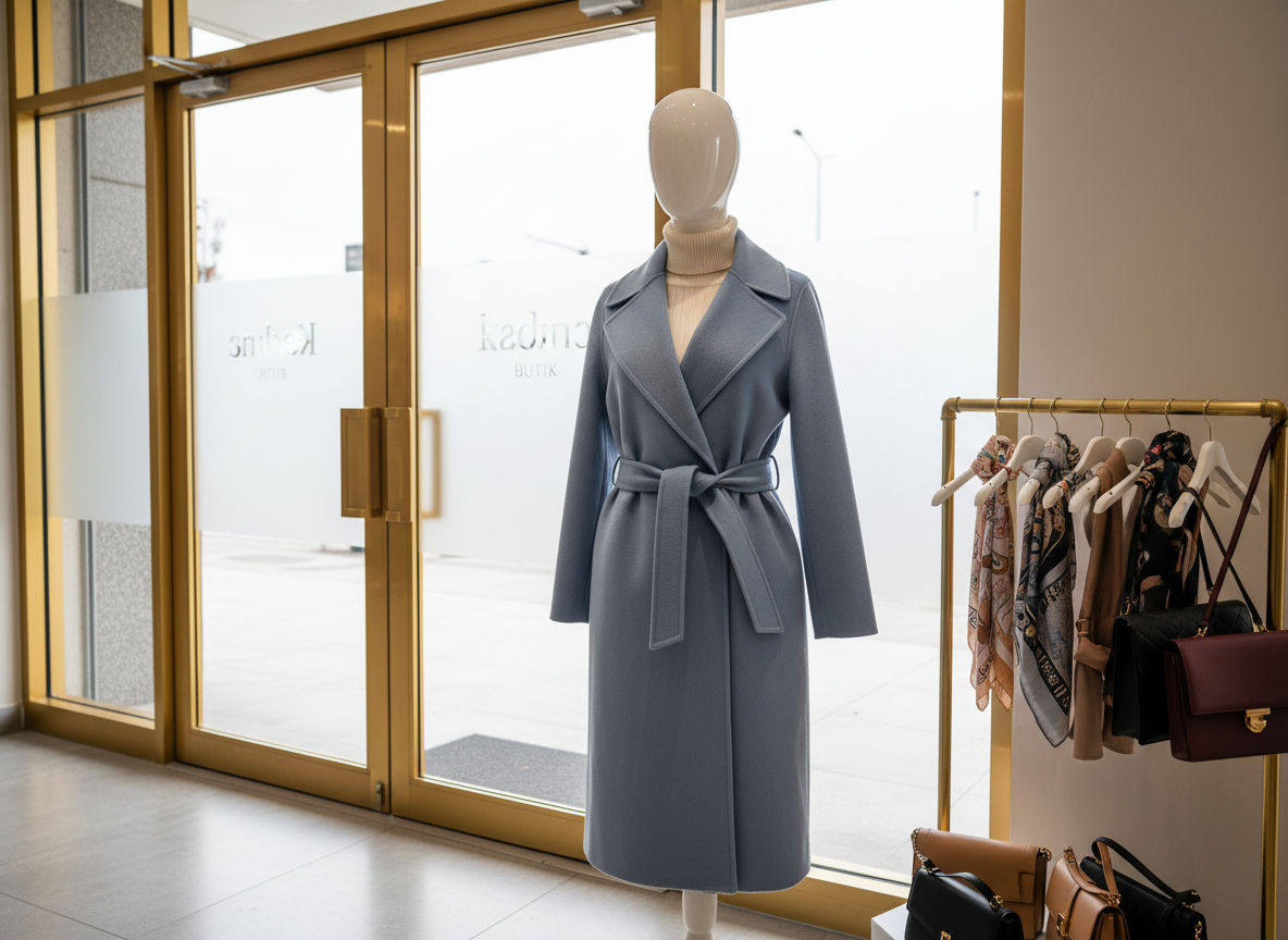 A refined display of seasonal women’s outerwear, with a powder-blue wool wrap coat elegantly styled on a torso-only mannequin, its belt tied in a soft knot, layered over a delicate cream turtleneck. The setup stands near a boutique entrance framed by large glass doors, through which an overcast but bright daylight softly illuminates the scene. A nearby brass clothing rack holds complementary scarves and structured handbags, gently blurred to maintain focus on the coat’s plush texture and clean lines. Shot from a slightly elevated angle in photographic realism, the atmosphere feels sophisticated and inviting, suggesting the perfect transitional pieces for discerning shoppers at Kadınca Butik.